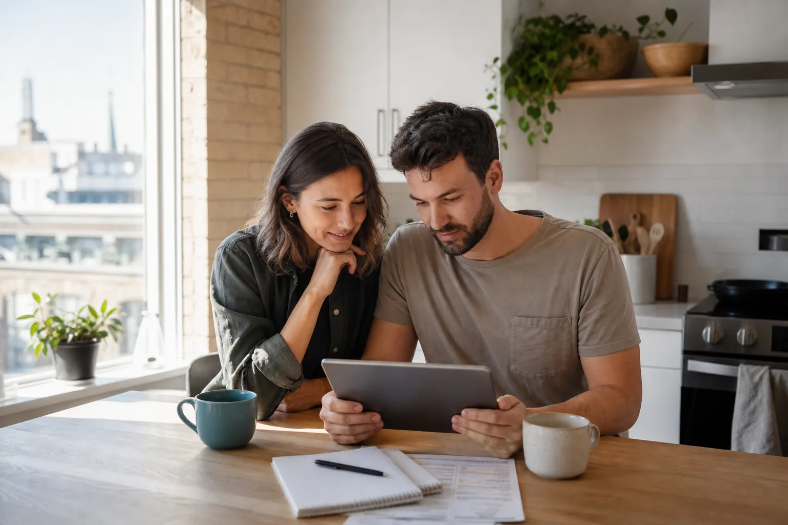 Couple reviewing household budget on a tablet in a Québec City apartment