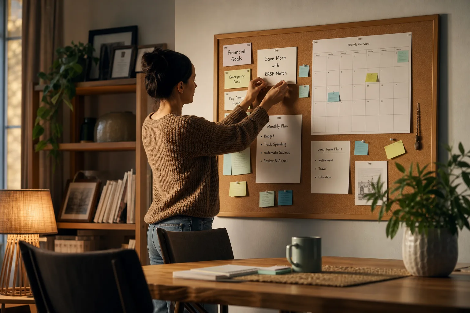Personne épinglant une note d'objectif financier sur un tableau d'affichage dans une salle à manger.