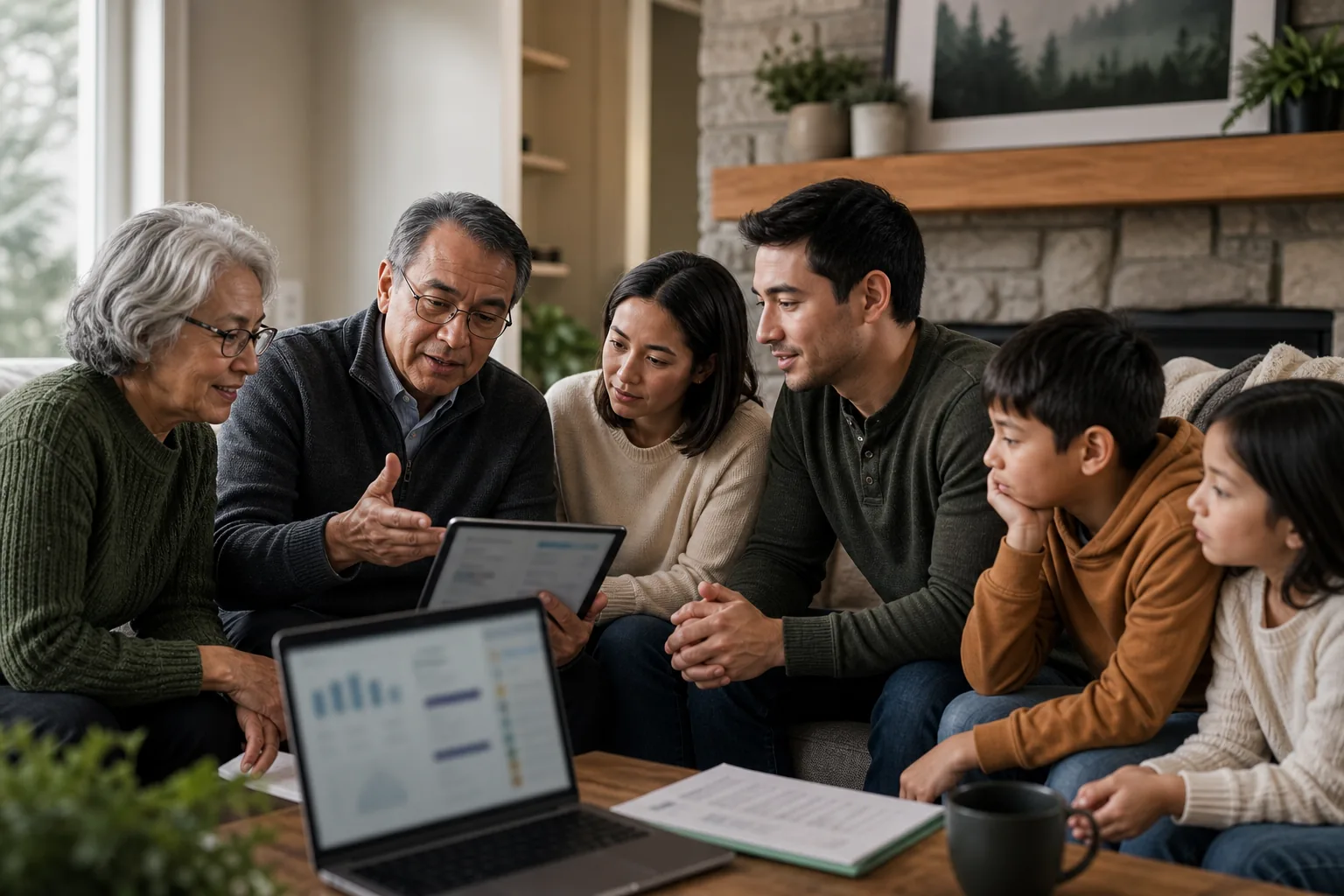 Multigenerational Canadian family discussing financial plans in living room.