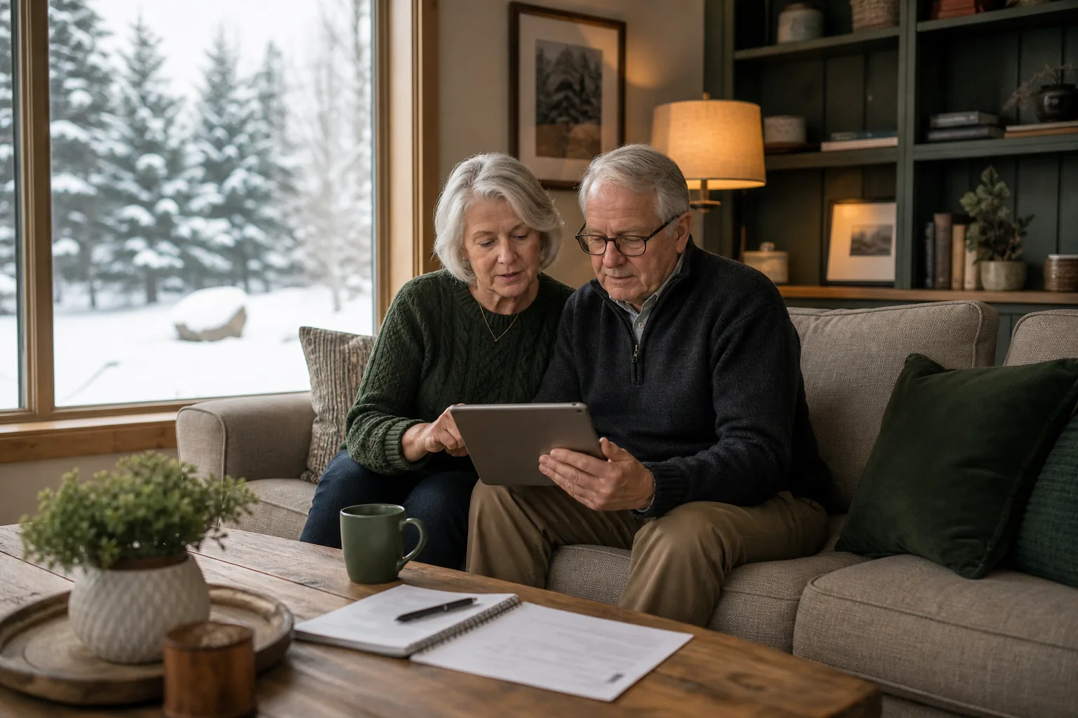 Senior couple reviewing financial checklist in cozy living room.