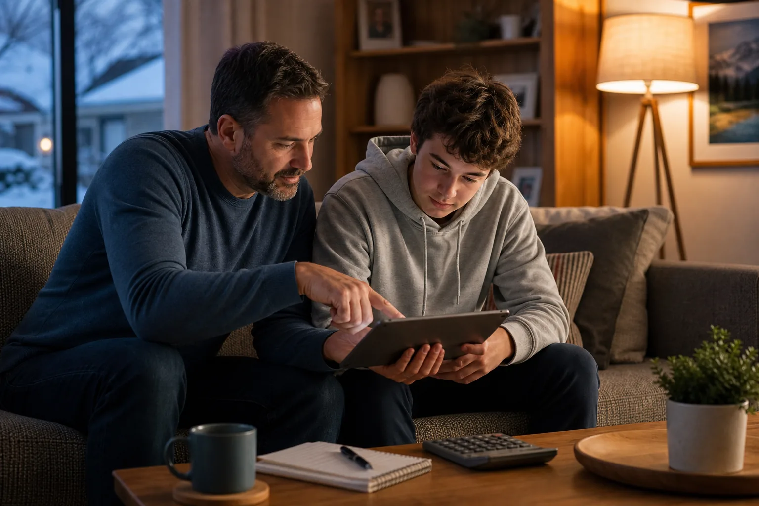 Parent and teenager reviewing weekly expenses on a tablet in a Canadian living room.