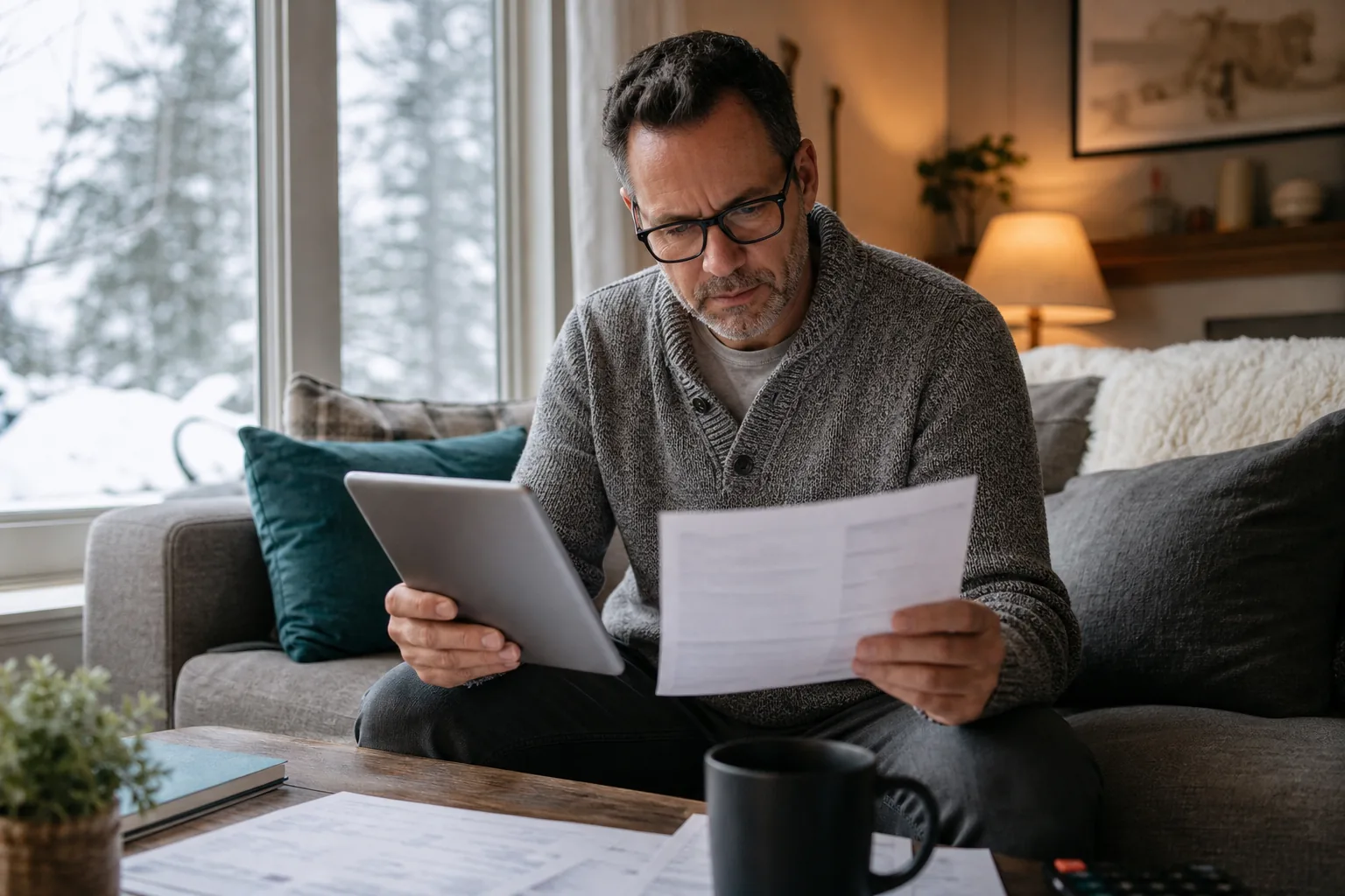 Person using tablet for budgeting in a Canadian living room.