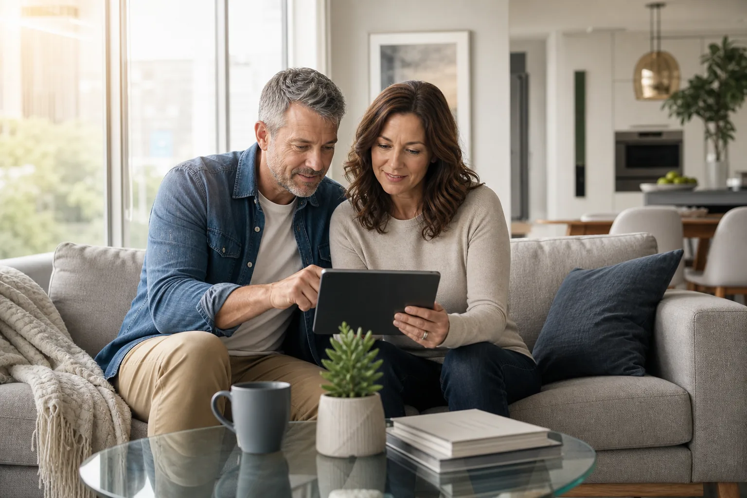 Canadian couple reviewing budget on a tablet in a bright living room