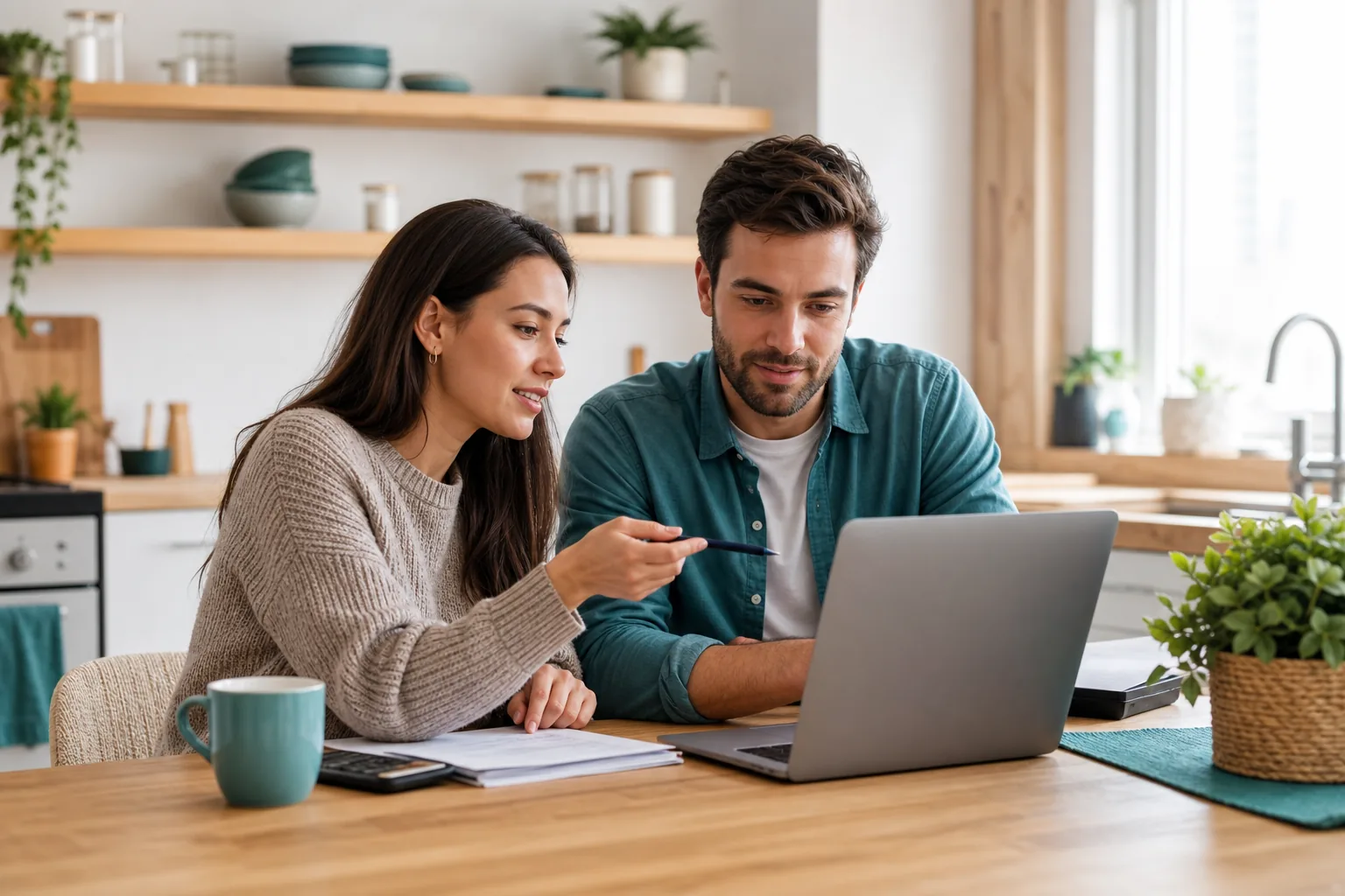 Jeune couple canadien planifiant des économies pour une maison à la table de cuisine.