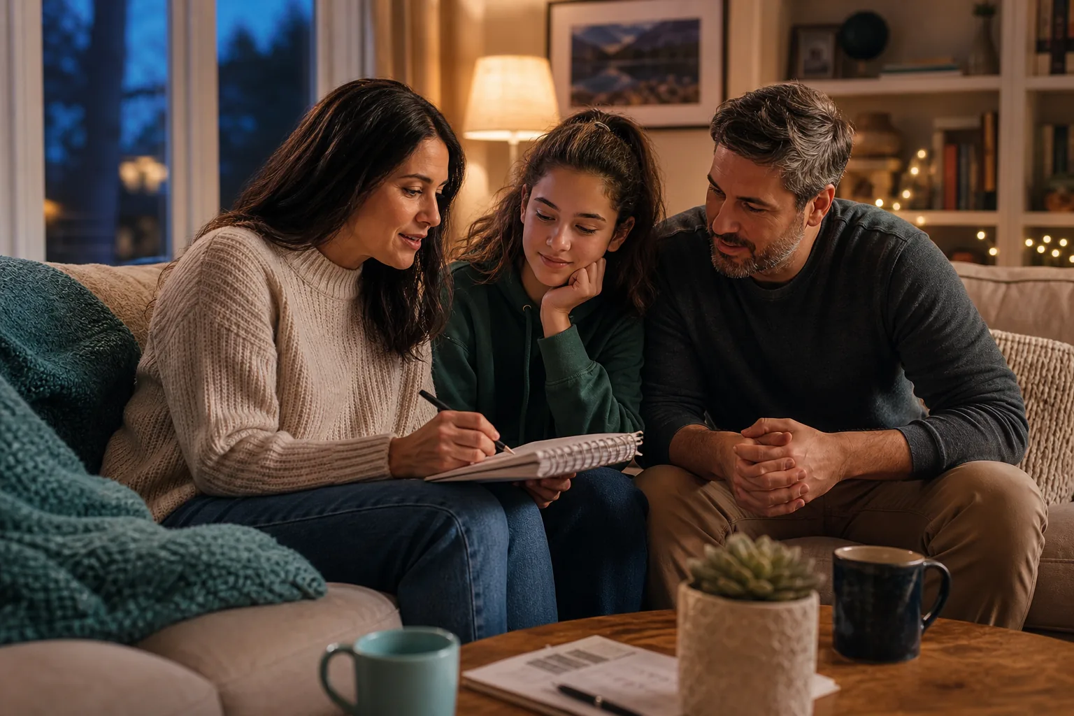 Canadian family discussing their weekly financial plan in a cozy living room.