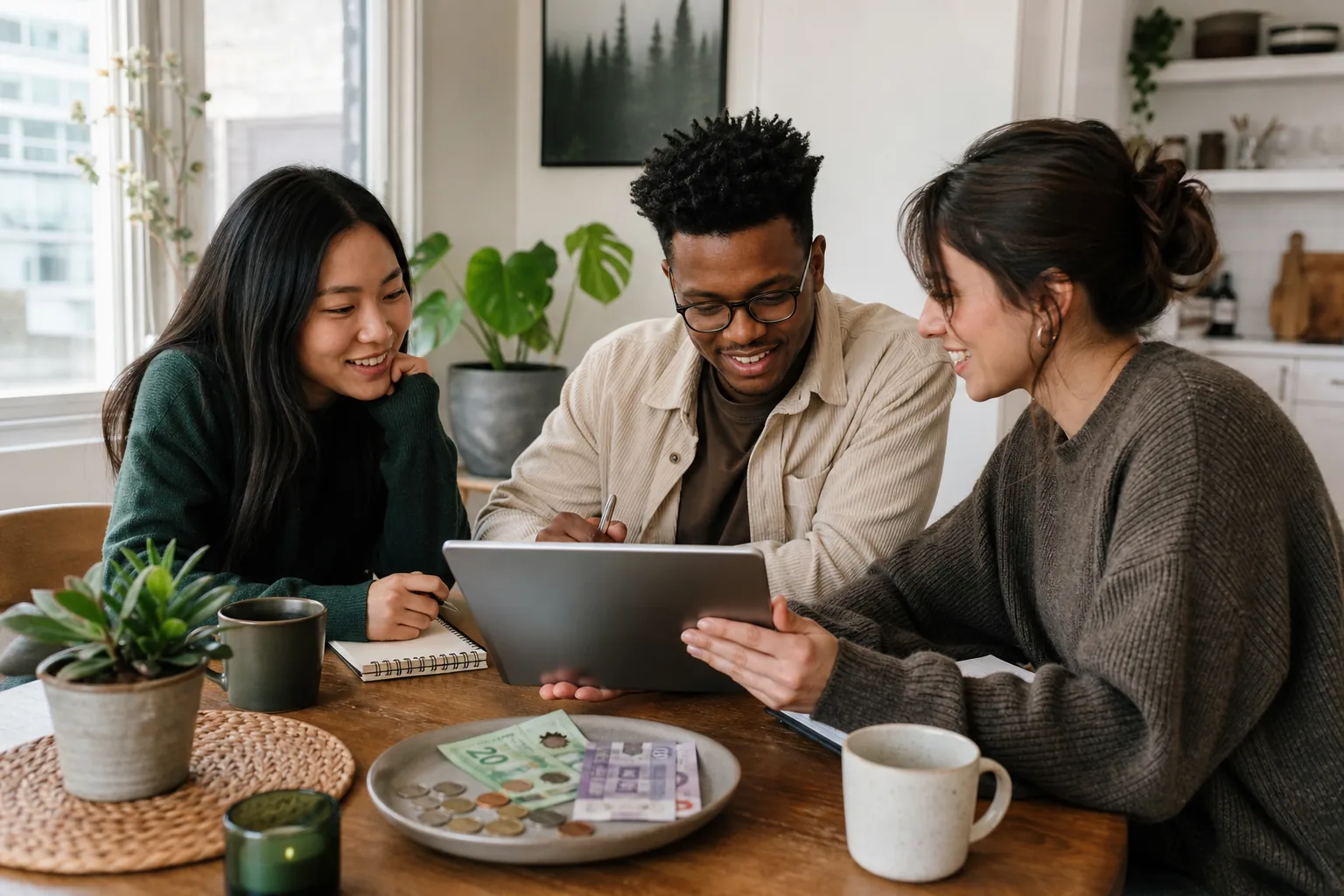 Roommates planning a budget at a Toronto kitchen table.