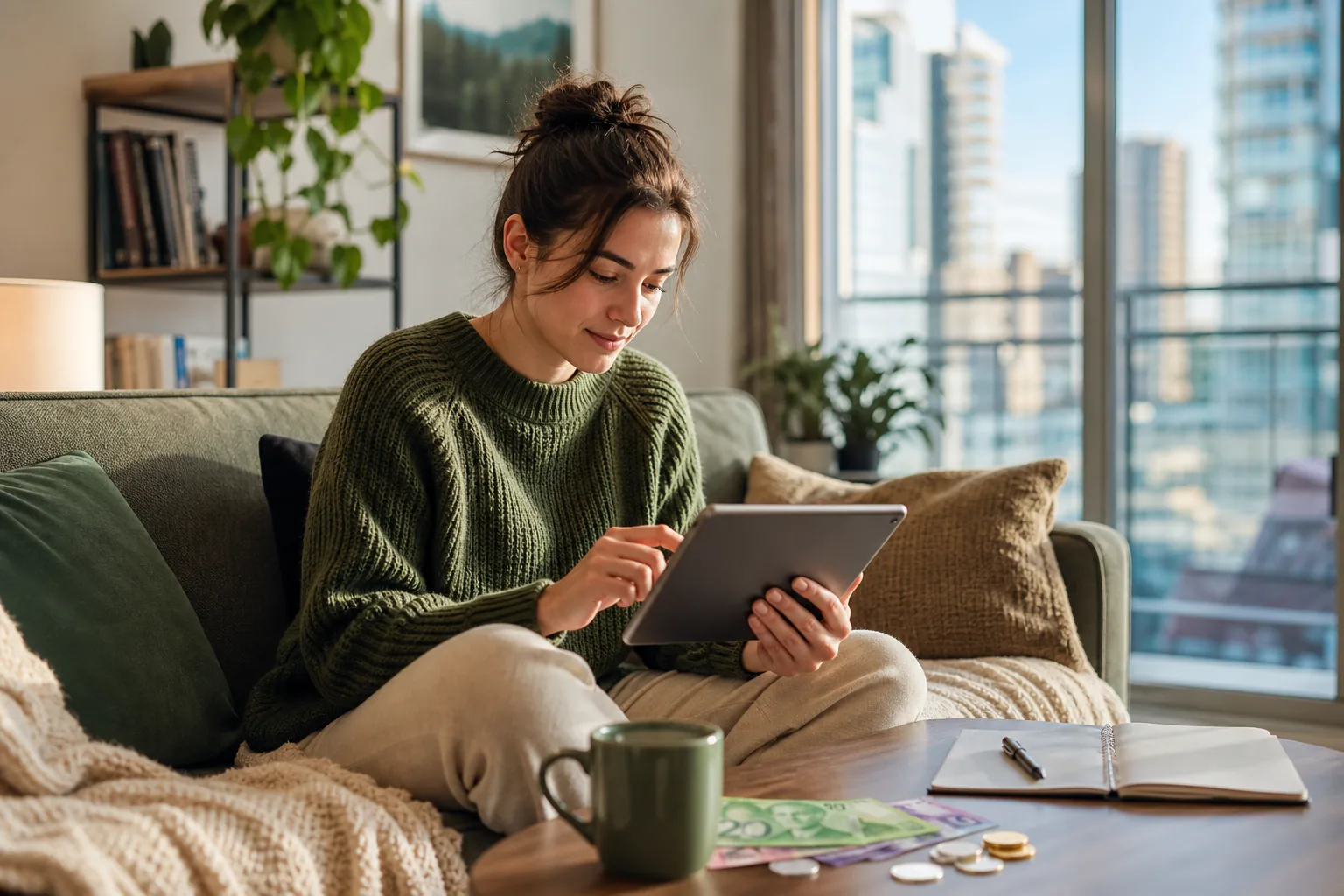 Jeune Canadien gérant ses finances avec une application budgétaire dans un appartement urbain.
